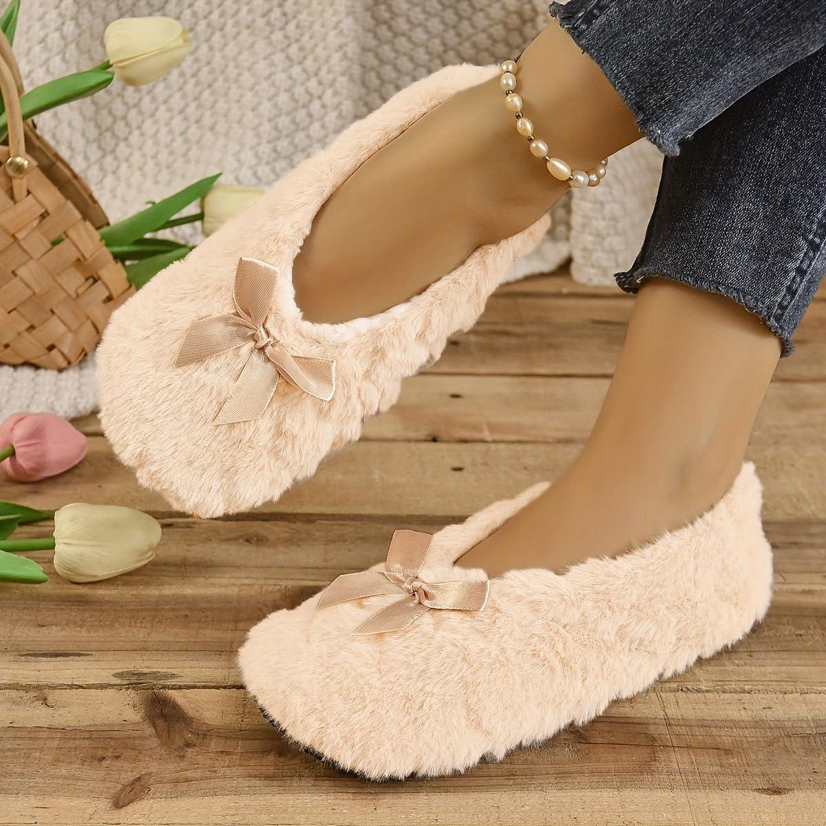 image:imageMinetom Chausson Femme Hiver Fourrure Noeud Papillon Pantoufles Doubl Chaud Maison Ballerines Chaussures PlatesA Abricot
