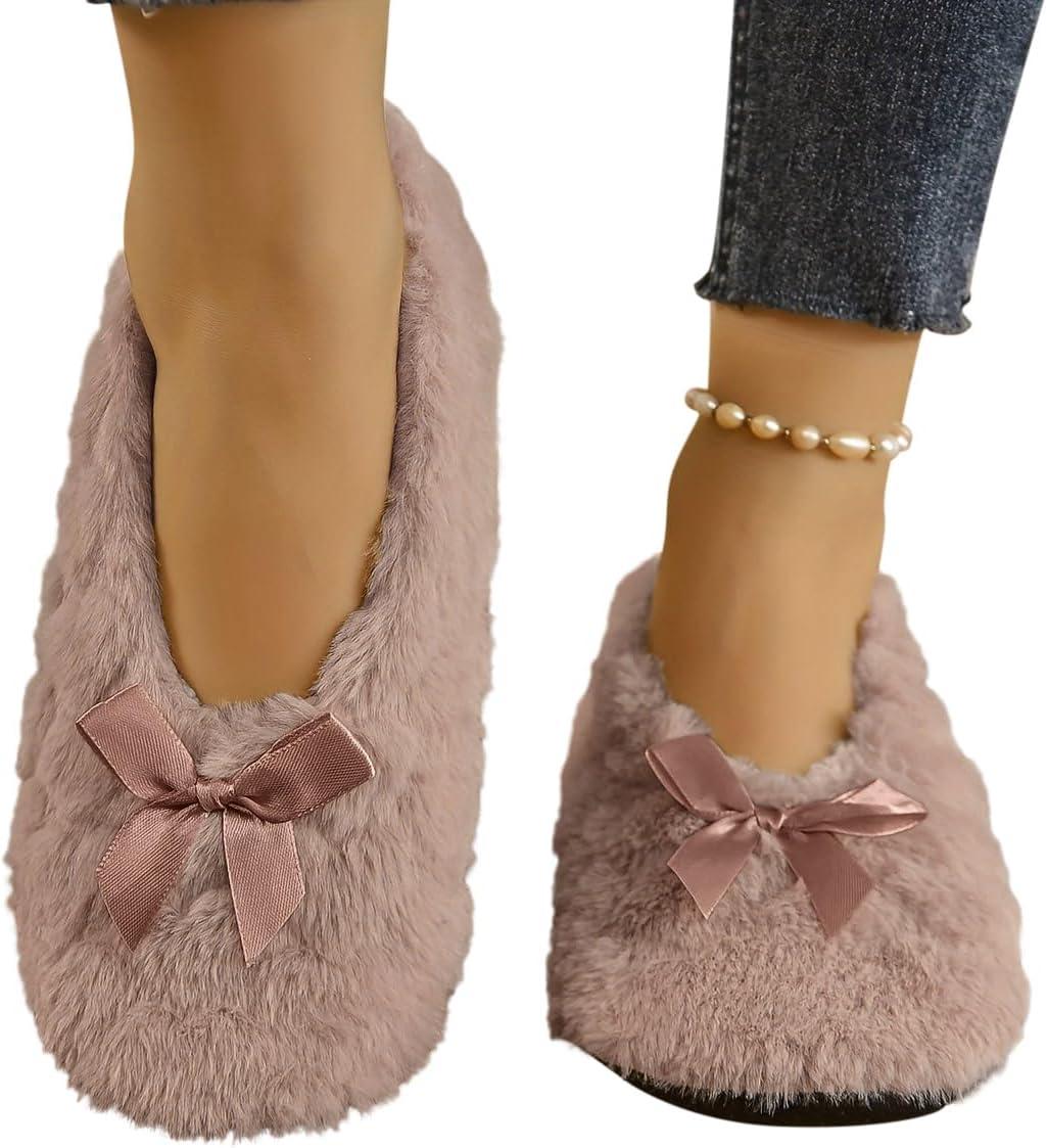 image:imageMinetom Chausson Femme Hiver Fourrure Noeud Papillon Pantoufles Doubl Chaud Maison Ballerines Chaussures PlatesA Kaki