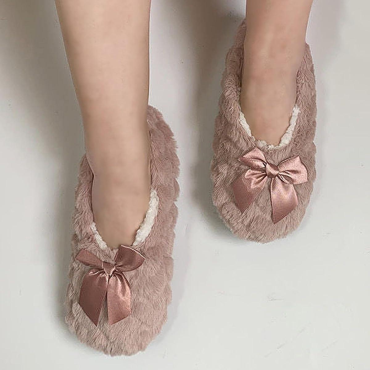 image:imageMinetom Chausson Femme Hiver Fourrure Noeud Papillon Pantoufles Doubl Chaud Maison Ballerines Chaussures PlatesA Kaki