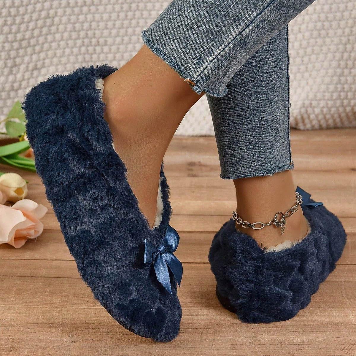 image:imageMinetom Chausson Femme Hiver Fourrure Noeud Papillon Pantoufles Doubl Chaud Maison Ballerines Chaussures PlatesA Marin