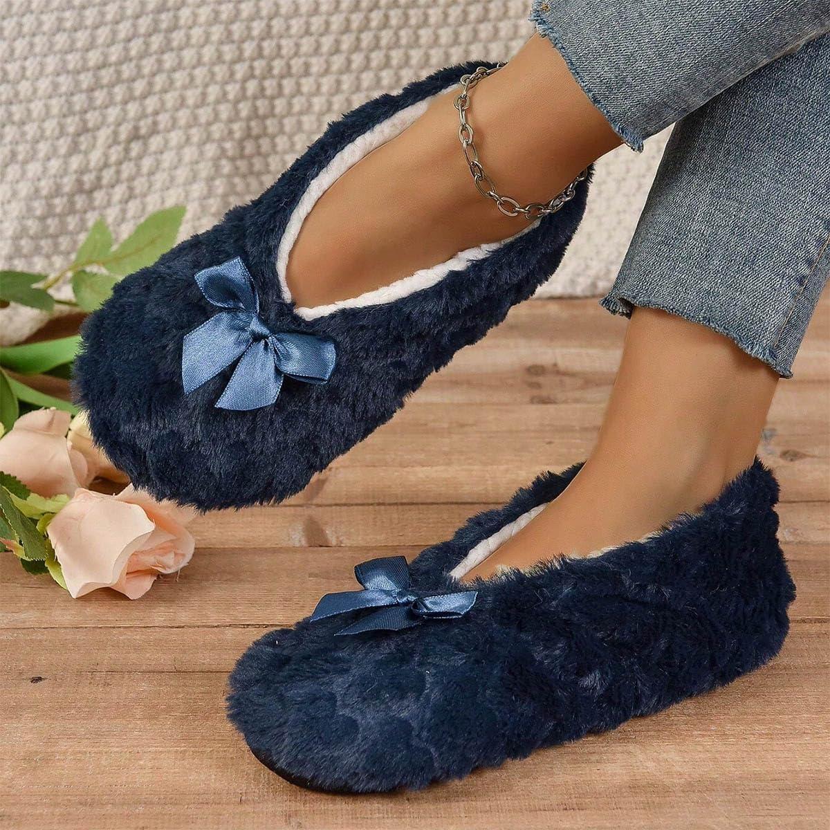 image:imageMinetom Chausson Femme Hiver Fourrure Noeud Papillon Pantoufles Doubl Chaud Maison Ballerines Chaussures PlatesA Marin