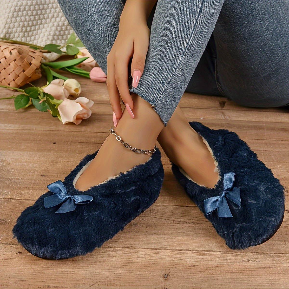 image:imageMinetom Chausson Femme Hiver Fourrure Noeud Papillon Pantoufles Doubl Chaud Maison Ballerines Chaussures PlatesA Marin