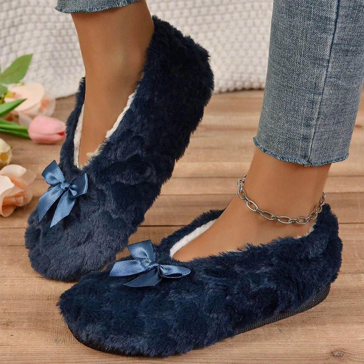 image:imageMinetom Chausson Femme Hiver Fourrure Noeud Papillon Pantoufles Doubl Chaud Maison Ballerines Chaussures PlatesA Marin