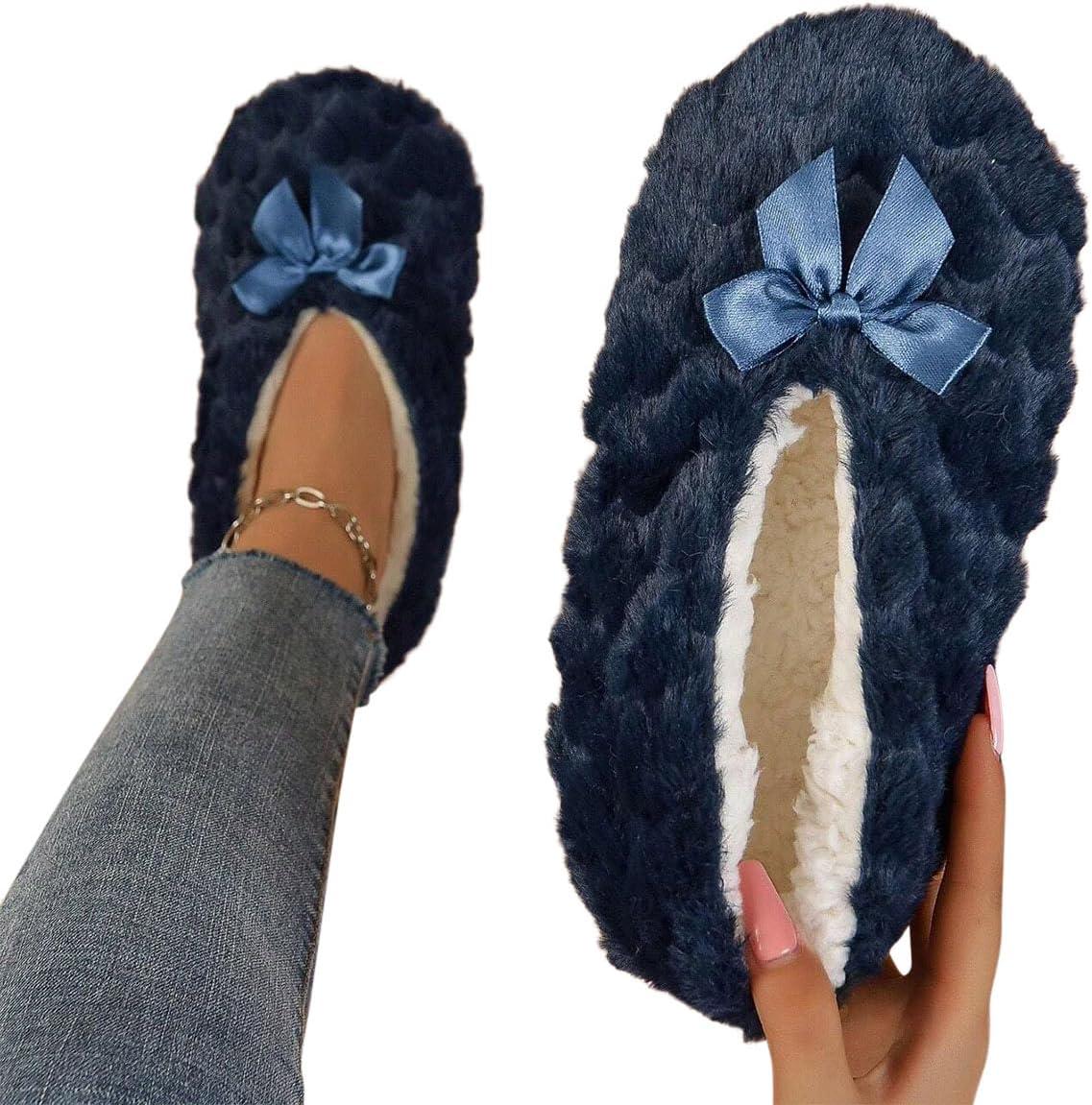 image:imageMinetom Chausson Femme Hiver Fourrure Noeud Papillon Pantoufles Doubl Chaud Maison Ballerines Chaussures PlatesA Marin