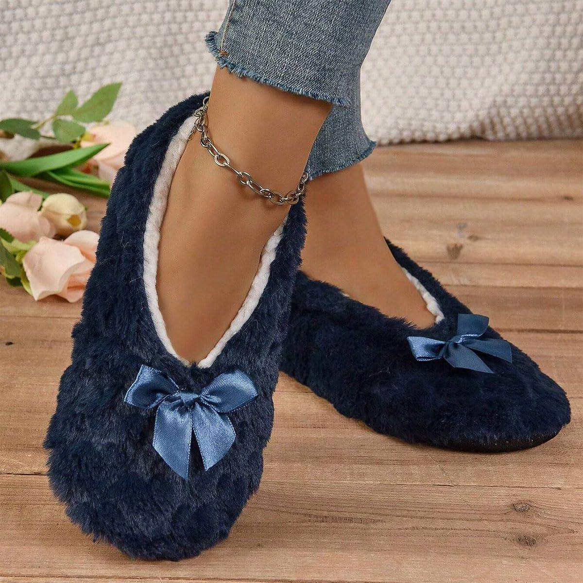 image:imageMinetom Chausson Femme Hiver Fourrure Noeud Papillon Pantoufles Doubl Chaud Maison Ballerines Chaussures PlatesA Marin