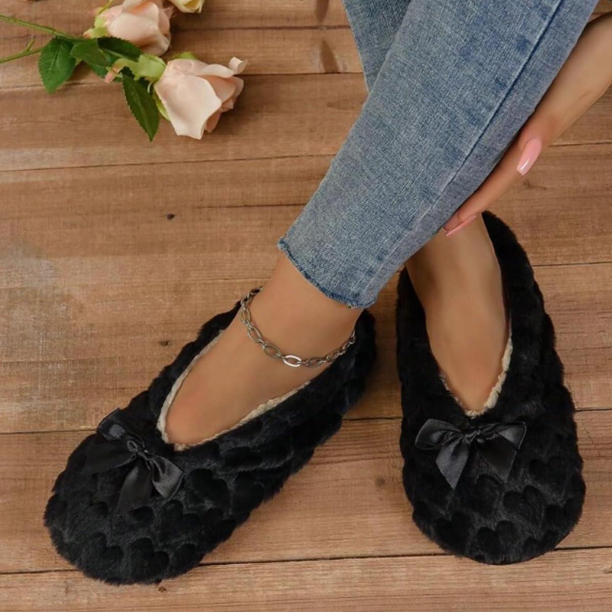 image:imageMinetom Chausson Femme Hiver Fourrure Noeud Papillon Pantoufles Doubl Chaud Maison Ballerines Chaussures PlatesA Noir