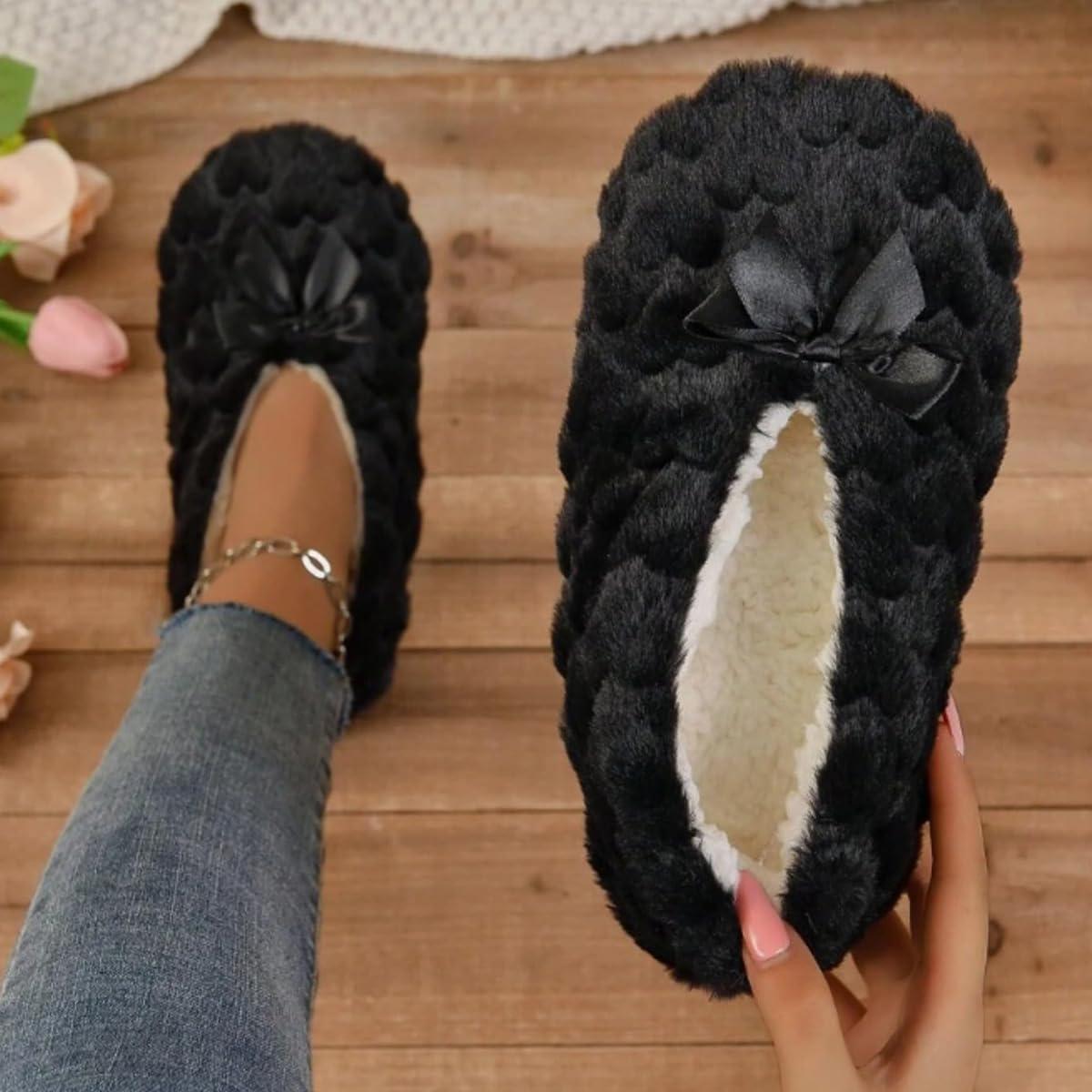image:imageMinetom Chausson Femme Hiver Fourrure Noeud Papillon Pantoufles Doubl Chaud Maison Ballerines Chaussures PlatesA Noir