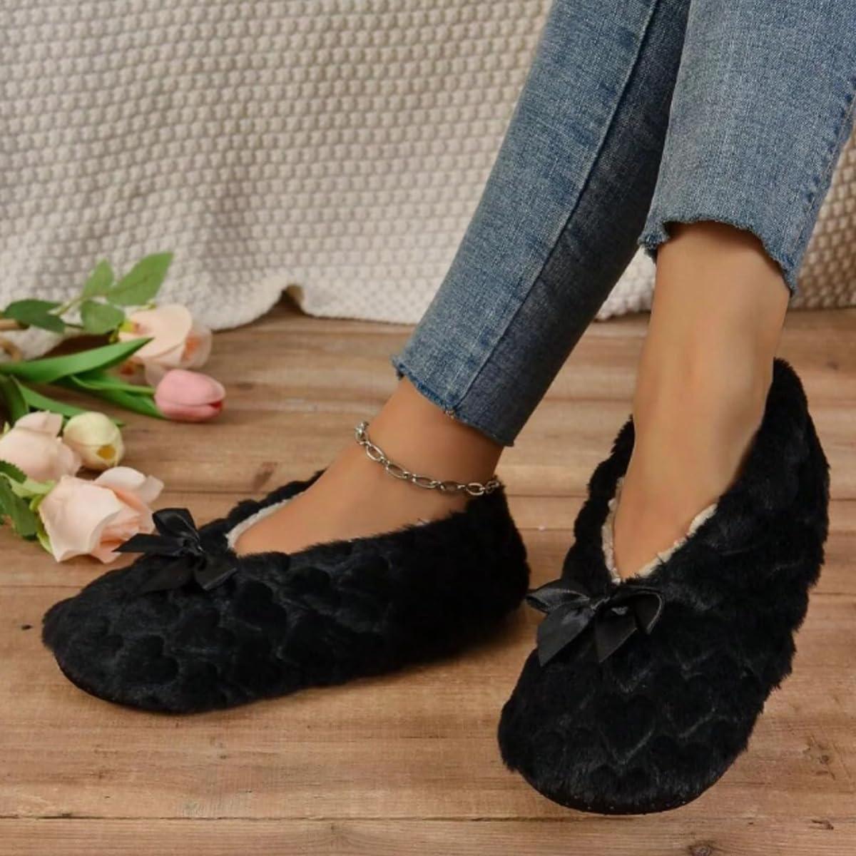 image:imageMinetom Chausson Femme Hiver Fourrure Noeud Papillon Pantoufles Doubl Chaud Maison Ballerines Chaussures PlatesA Noir