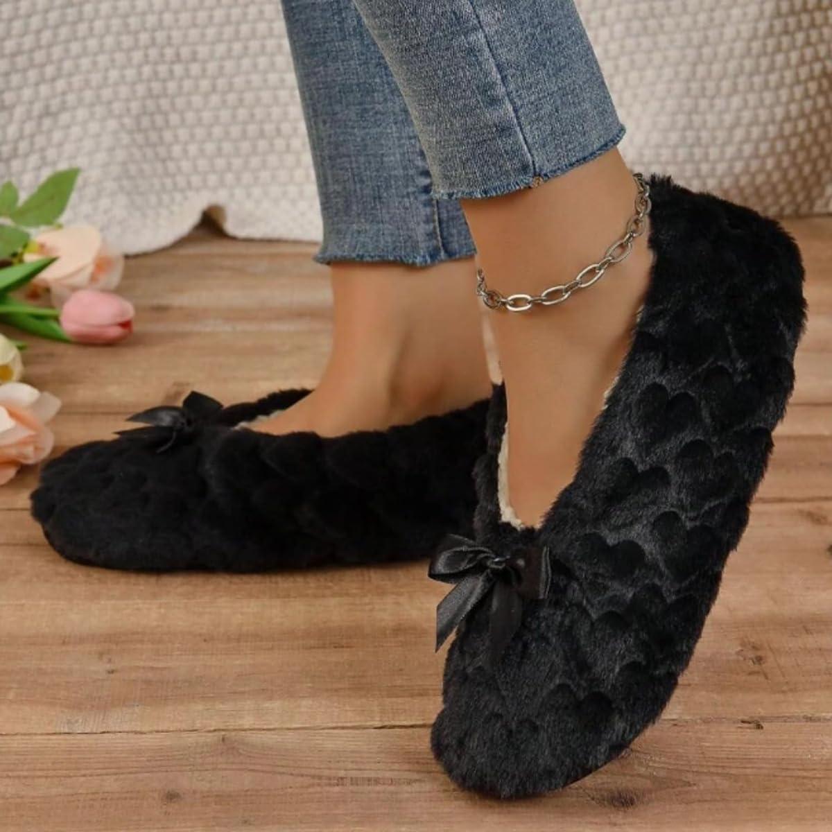 image:imageMinetom Chausson Femme Hiver Fourrure Noeud Papillon Pantoufles Doubl Chaud Maison Ballerines Chaussures PlatesA Noir