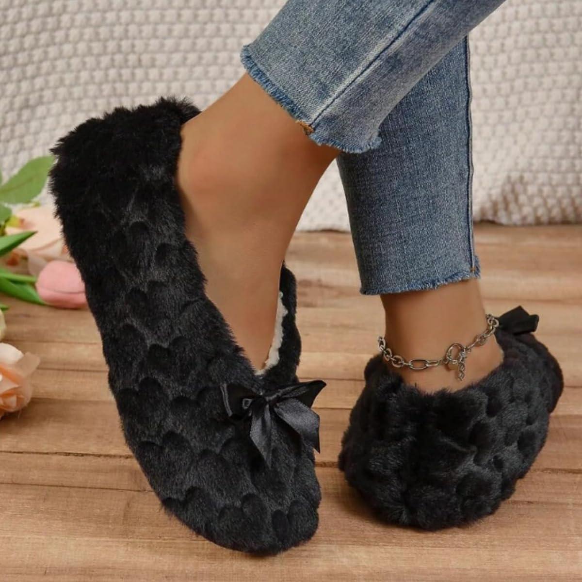 image:imageMinetom Chausson Femme Hiver Fourrure Noeud Papillon Pantoufles Doubl Chaud Maison Ballerines Chaussures PlatesA Noir