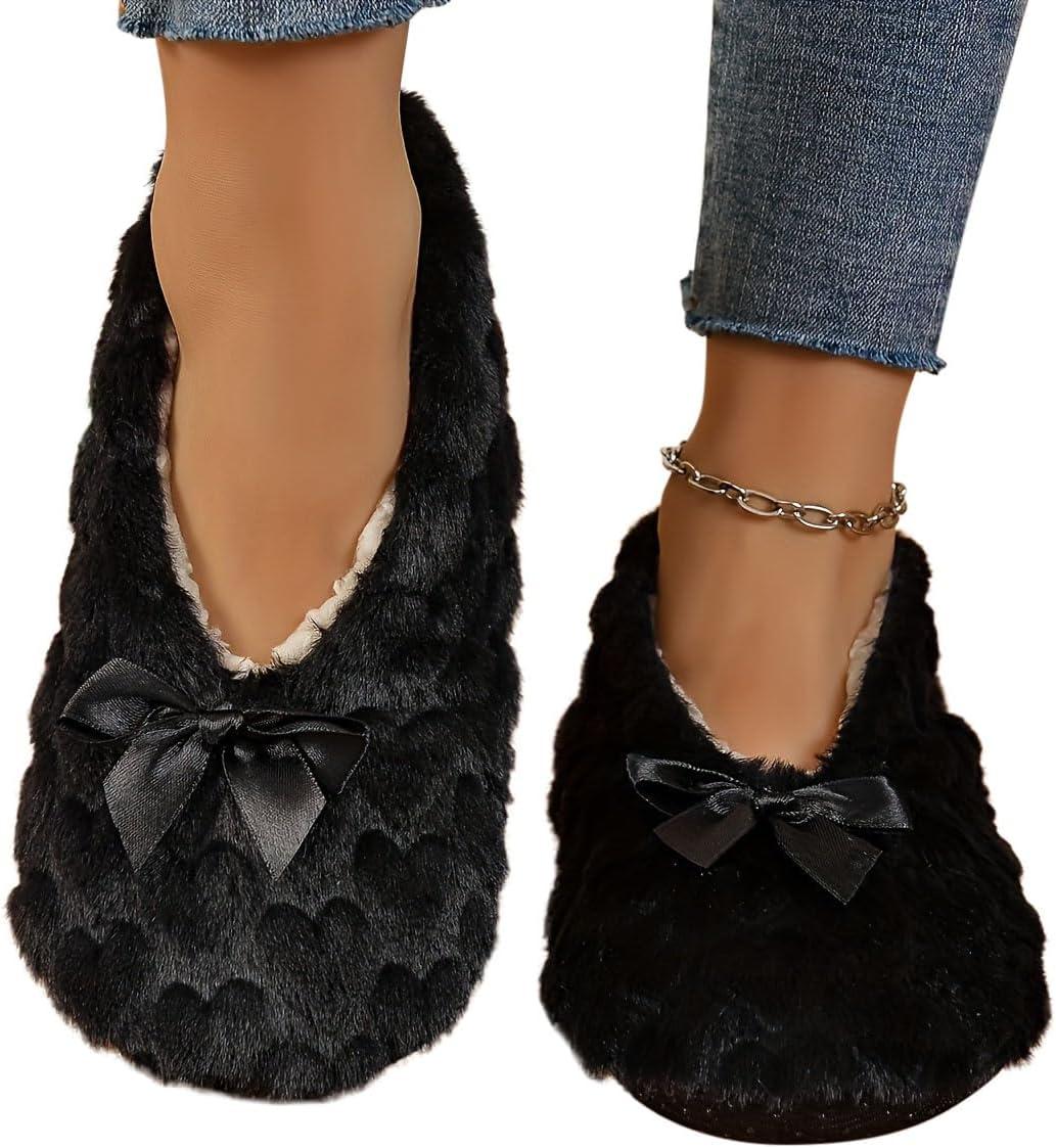 image:imageMinetom Chausson Femme Hiver Fourrure Noeud Papillon Pantoufles Doubl Chaud Maison Ballerines Chaussures PlatesA Noir