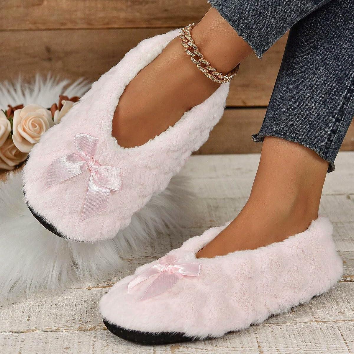 image:imageMinetom Chausson Femme Hiver Fourrure Noeud Papillon Pantoufles Doubl Chaud Maison Ballerines Chaussures PlatesA Rose