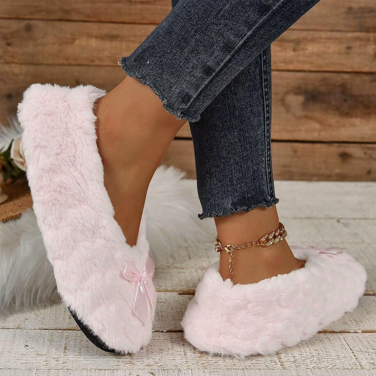 image:imageMinetom Chausson Femme Hiver Fourrure Noeud Papillon Pantoufles Doubl Chaud Maison Ballerines Chaussures PlatesA Rose