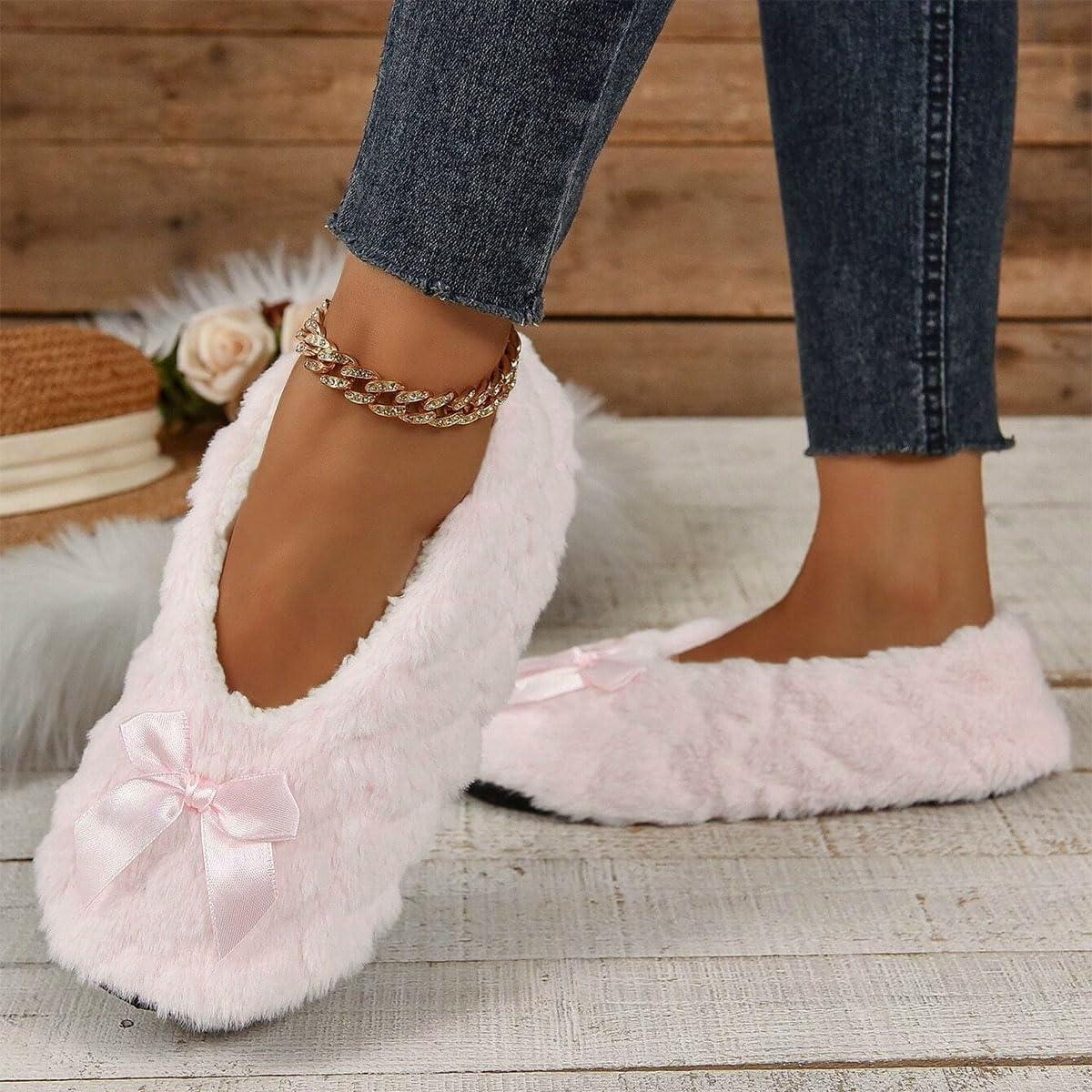 image:imageMinetom Chausson Femme Hiver Fourrure Noeud Papillon Pantoufles Doubl Chaud Maison Ballerines Chaussures PlatesA Rose