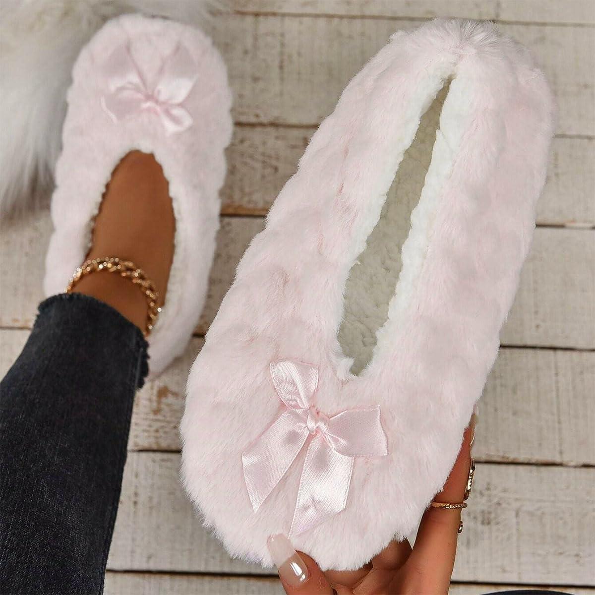 image:imageMinetom Chausson Femme Hiver Fourrure Noeud Papillon Pantoufles Doubl Chaud Maison Ballerines Chaussures PlatesA Rose