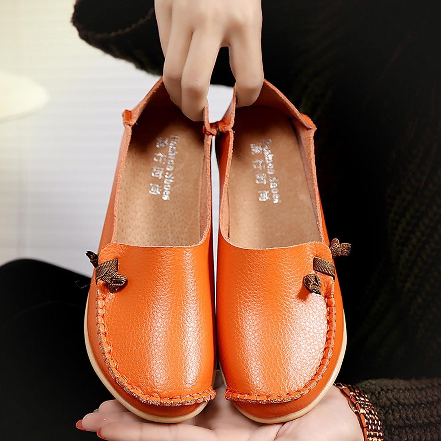 image:imageMocassins en cuir confortables et dcontracts bout rond pour femme Mocassins plats doux et confortables Chaussures plates enfiler Chaussures plates lastiques tige basseOrange