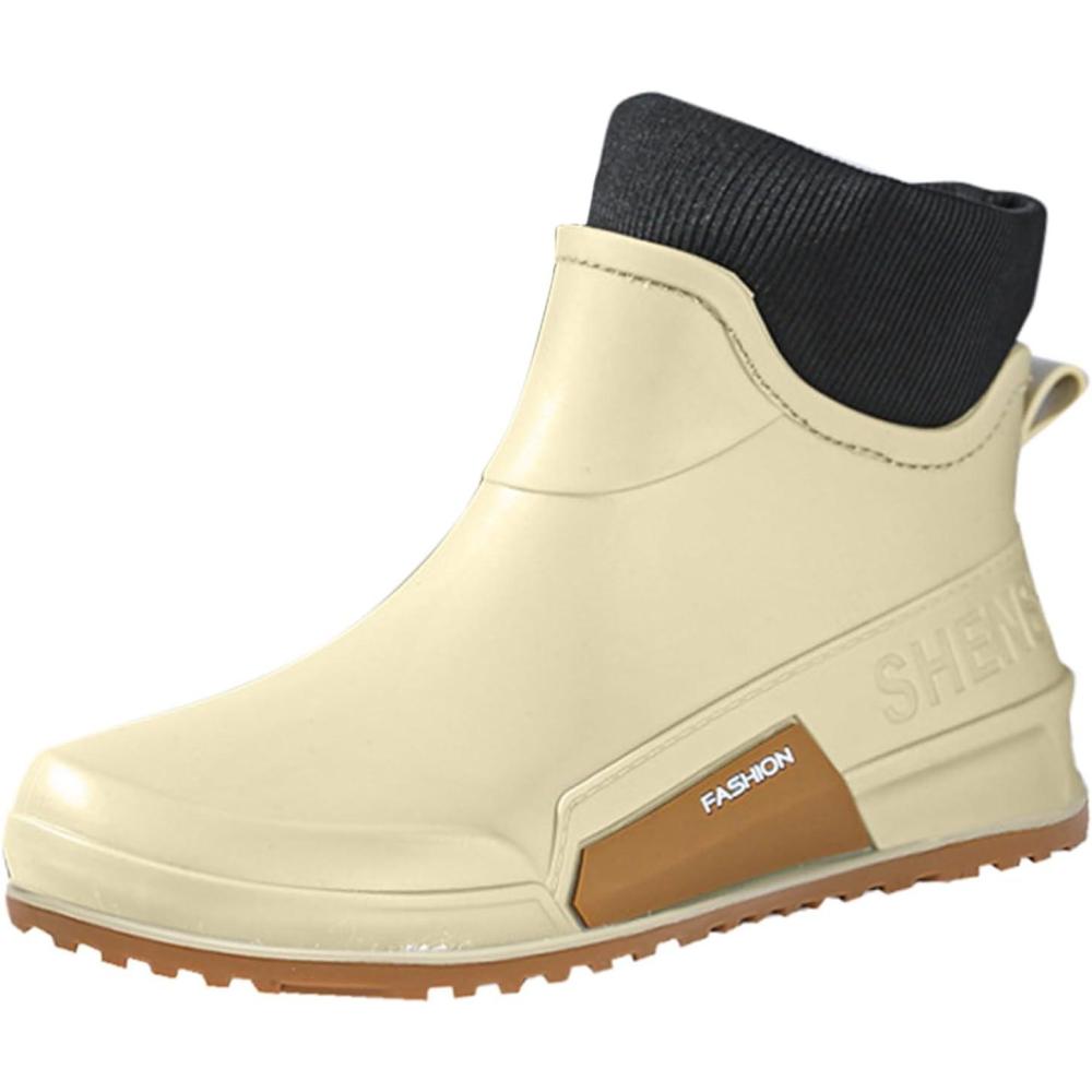 image:imageBottes en caoutchouc pour homme et femme Automne Hiver Respirantes Chaussures deau plates antidrapantes Bottes courtes Impermables Demihautes Pieds nus Chaussures de jardin pourBeige