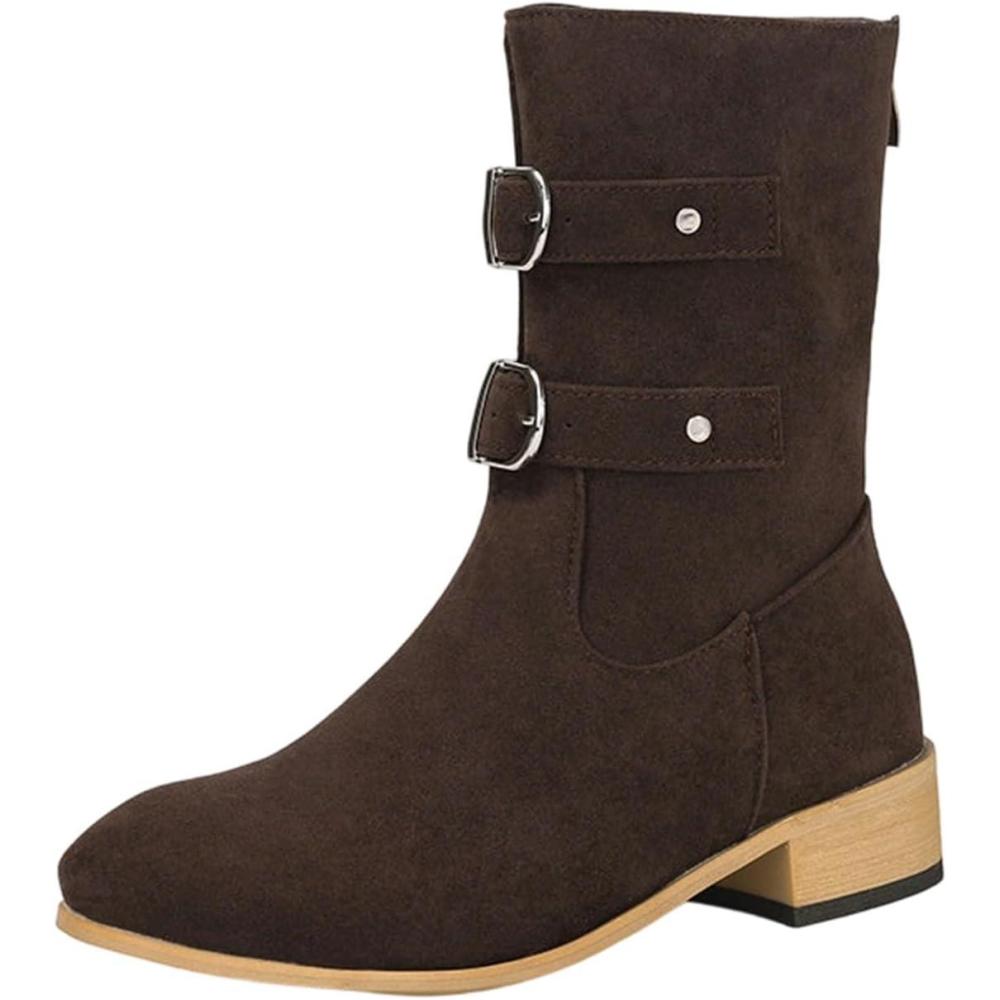 image:imageBottines pour femme 2026 mimollet bout rond plat talon pais boucle dcore enfiler cheville occidentale chaussures dquitation dcontractes marron 36 EU