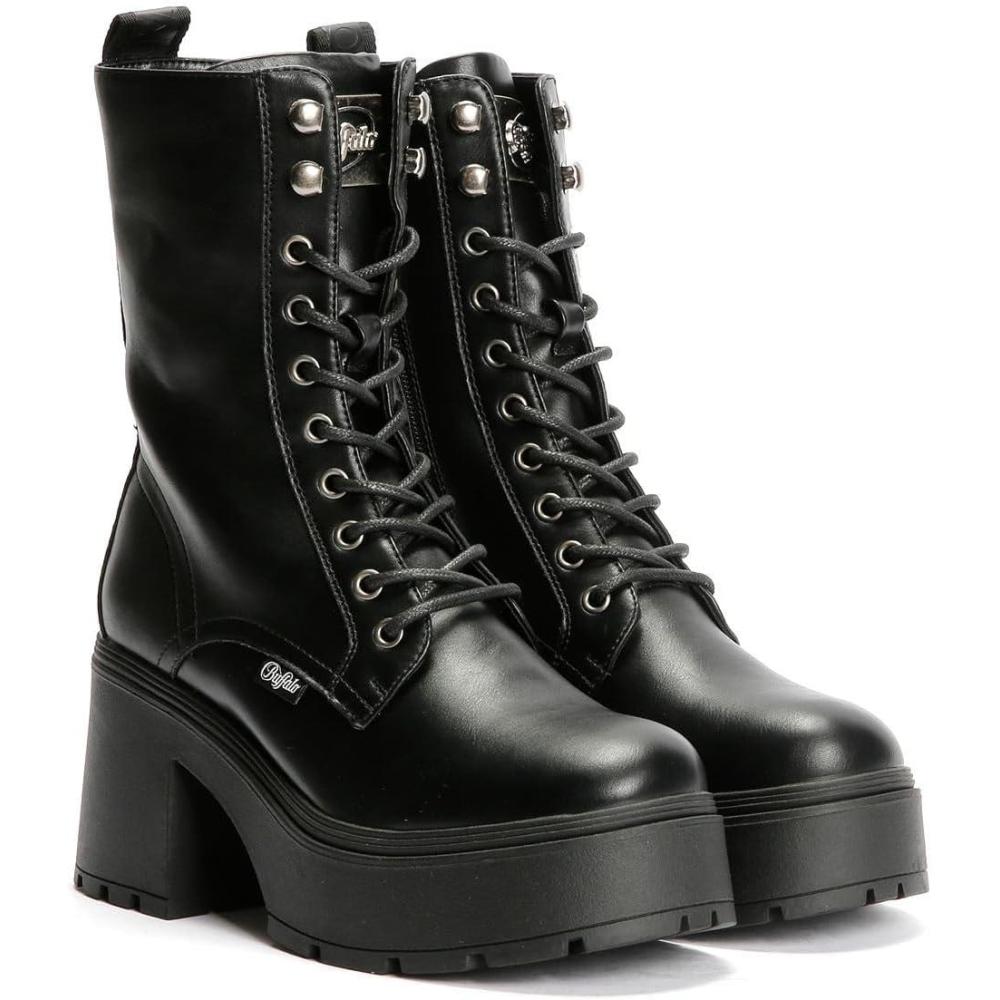image:imageBuffalo Mila Lace Up Mid Bottes noires pour femmeNoir