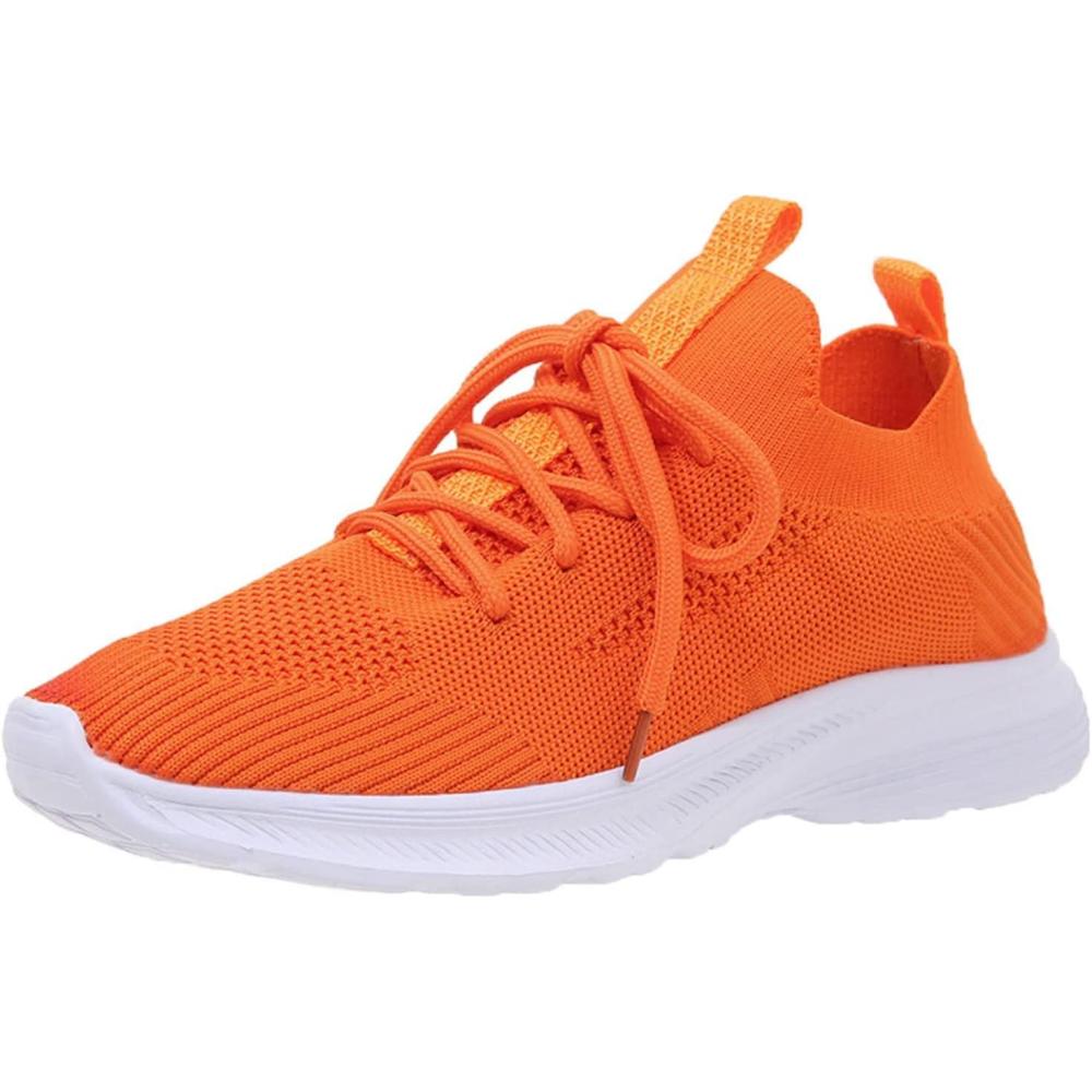 image:imageChaussures talons hauts pour femme Paillettes Mode printemps et t Chaussures de sport pour femme Fond plat Maille tisse lgre Respirantes Confortables Couleur unie Lacets Orange