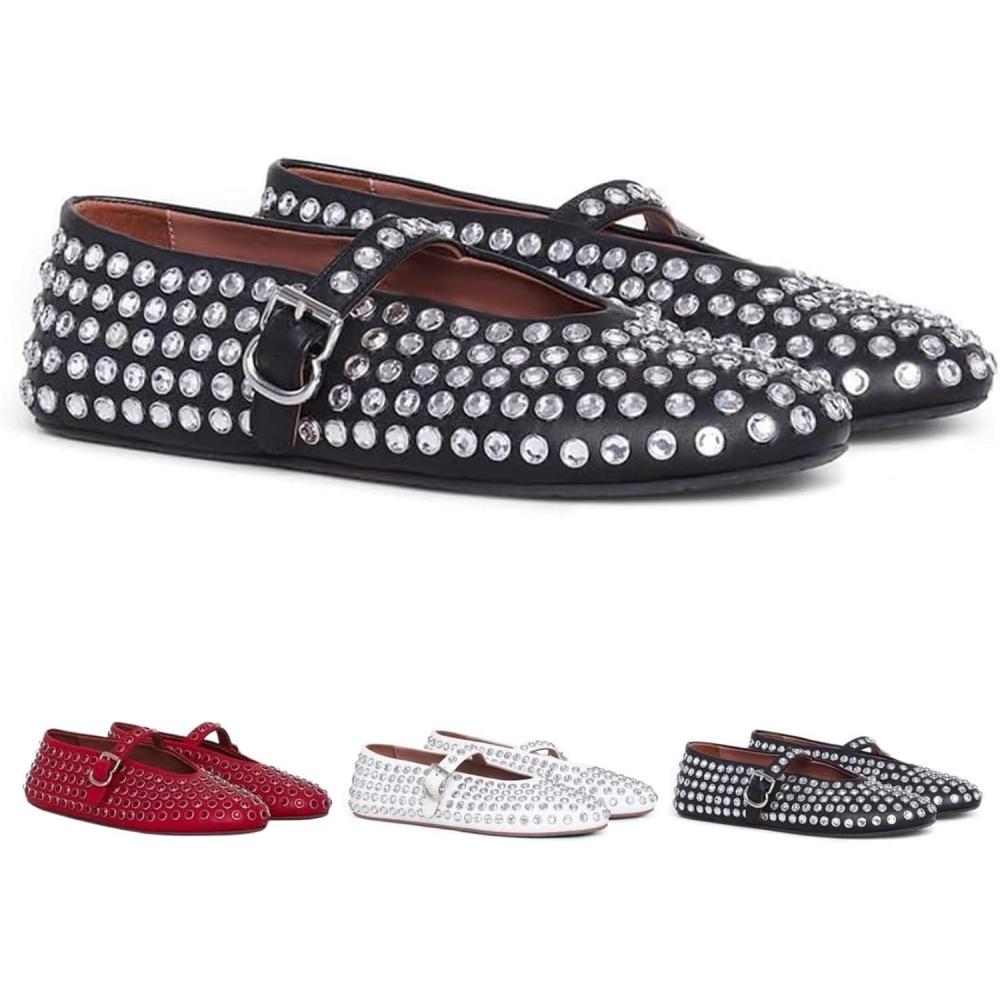 image:imageChaussures de bal ballerines pour femmes avec strass chaussures Mary Jane boucle scintillante et bout rond ballerines ornes de clous Noir 4