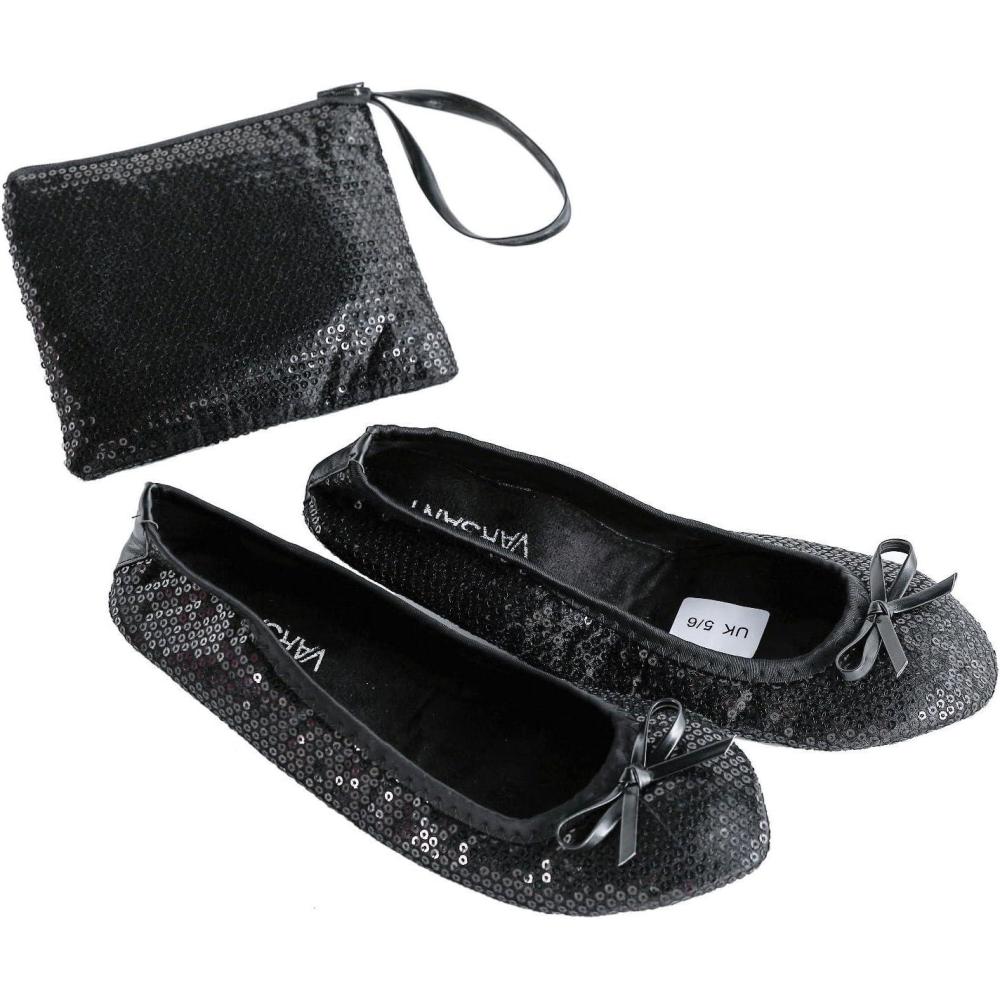 image:imageChaussures plates enroulables en satin pour femme avec sac pliable PaillettesNoir
