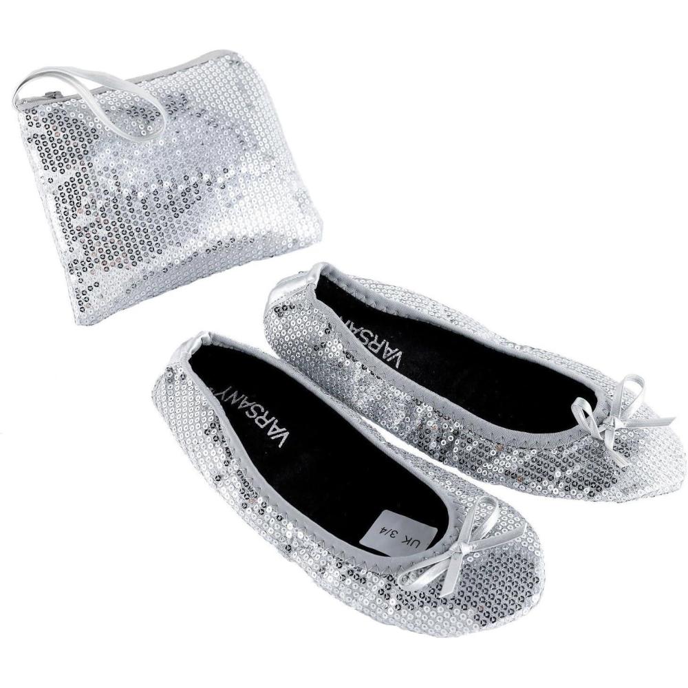image:imageChaussures plates enroulables en satin pour femme avec sac pliable PaillettesPaillettes Blanches
