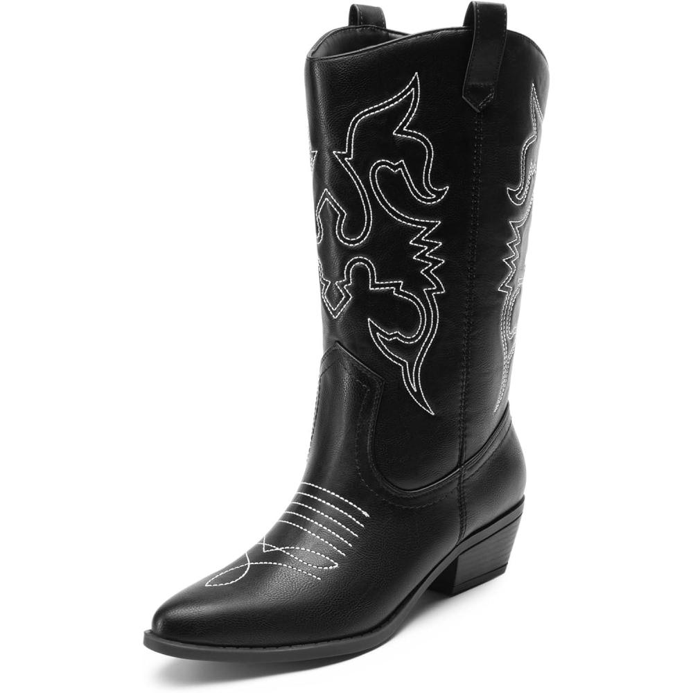 image:imageDREAM PAIRS Bottes Western Femme Bottes Cowboy MiMollet Enfiler Style CowgirlNoir Pu