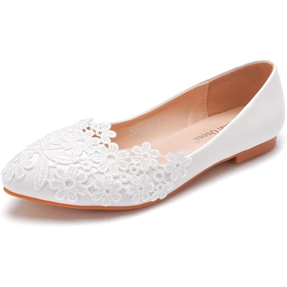 image:imageFGRID Chaussures Plates de Ballet pour Femmes Chaussures de marie Ballerine dcoupes en Dentelle Blanche Bout Pointu Chaussures Dolly Mariage Bout ferm Grande TailleWhite Blanc