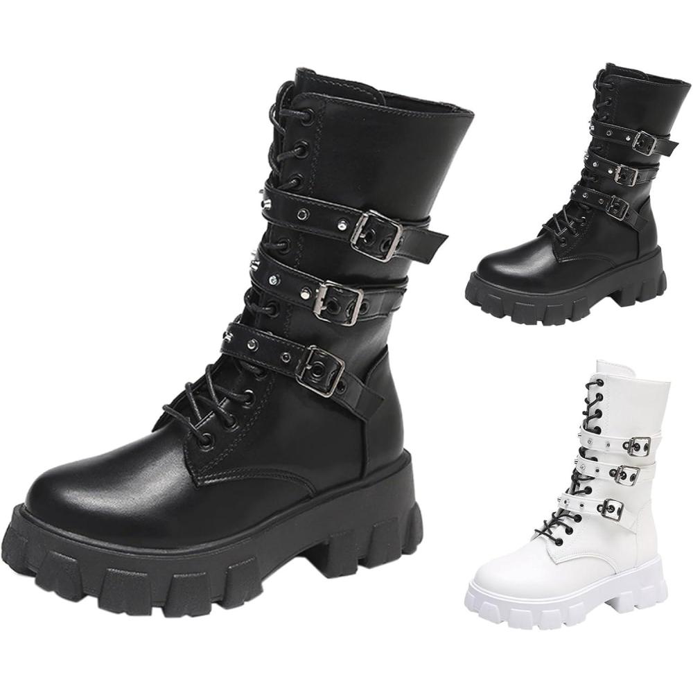 image:imageGnrique Bottes Plateforme MiMollet pour Femme Bout Rond Boot Femme Plateforme Montante Bottine Lacets Botte avec Sangle De Boucle Bottines PU 2025 Nouveau Boot Polyvalent Chaussure Hiver BotteNoir