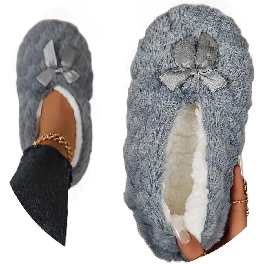 image:imageMinetom Chausson Femme Hiver Fourrure Noeud Papillon Pantoufles Doubl Chaud Maison Ballerines Chaussures PlatesA Gris