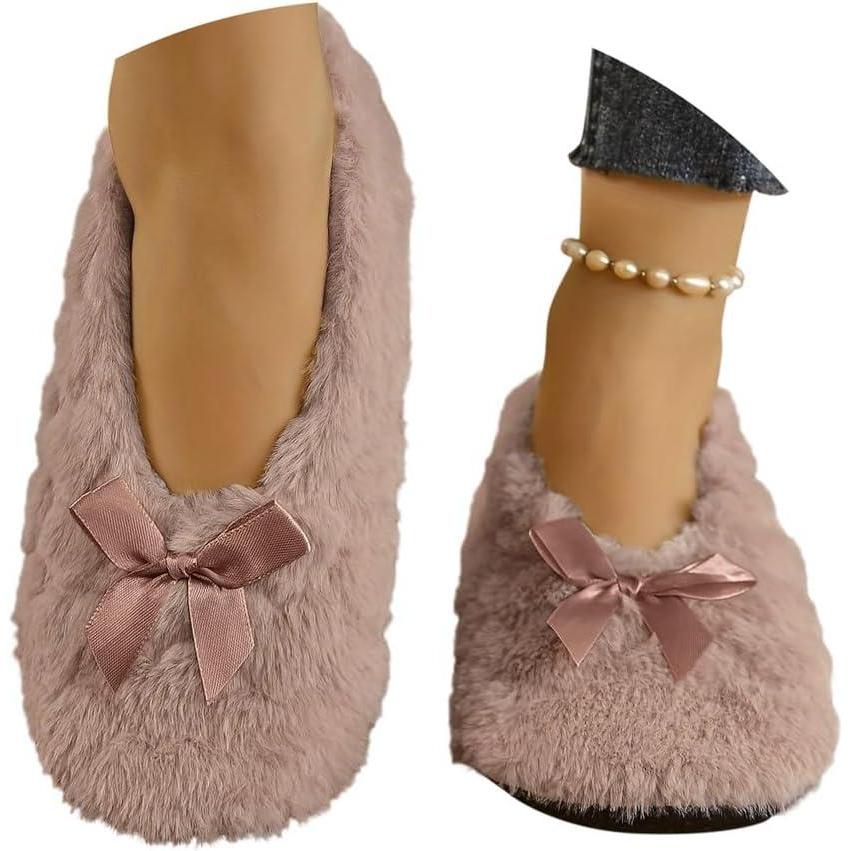 image:imageMinetom Chausson Femme Hiver Fourrure Noeud Papillon Pantoufles Doubl Chaud Maison Ballerines Chaussures PlatesA Kaki