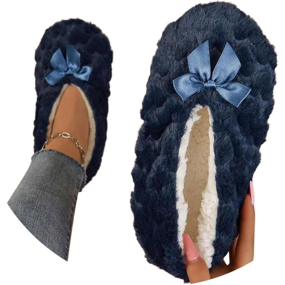 image:imageMinetom Chausson Femme Hiver Fourrure Noeud Papillon Pantoufles Doubl Chaud Maison Ballerines Chaussures PlatesA Marin