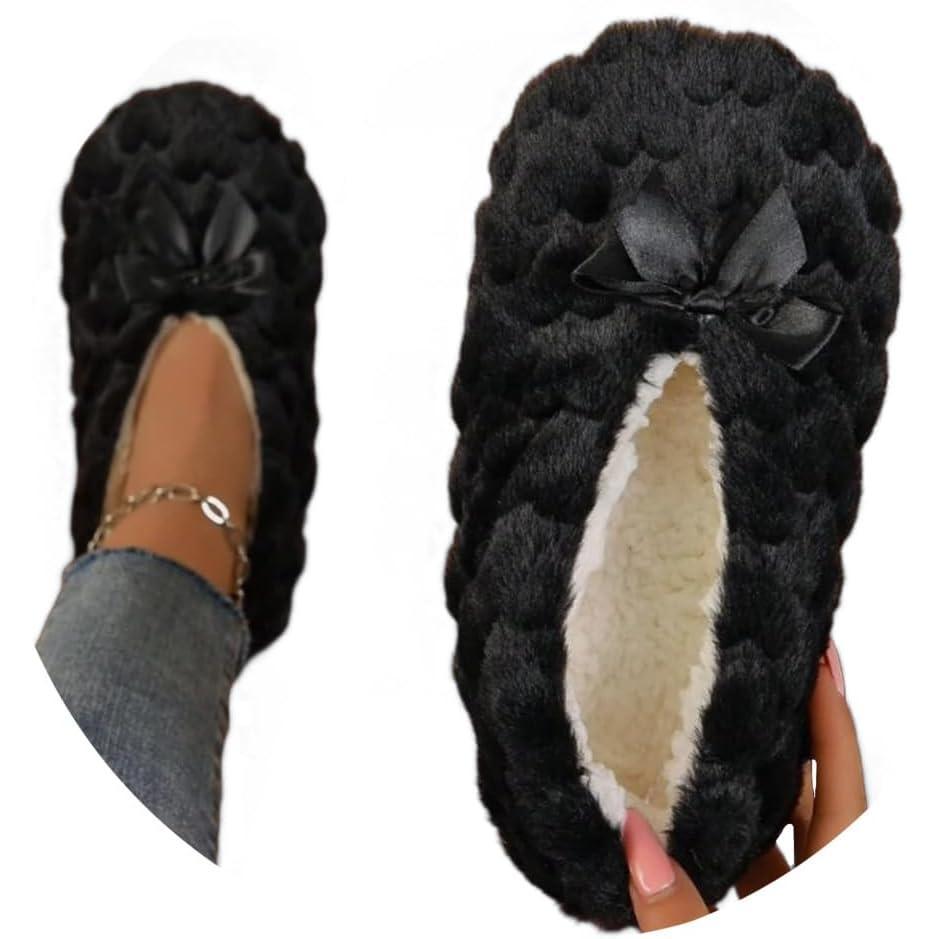 image:imageMinetom Chausson Femme Hiver Fourrure Noeud Papillon Pantoufles Doubl Chaud Maison Ballerines Chaussures PlatesA Noir