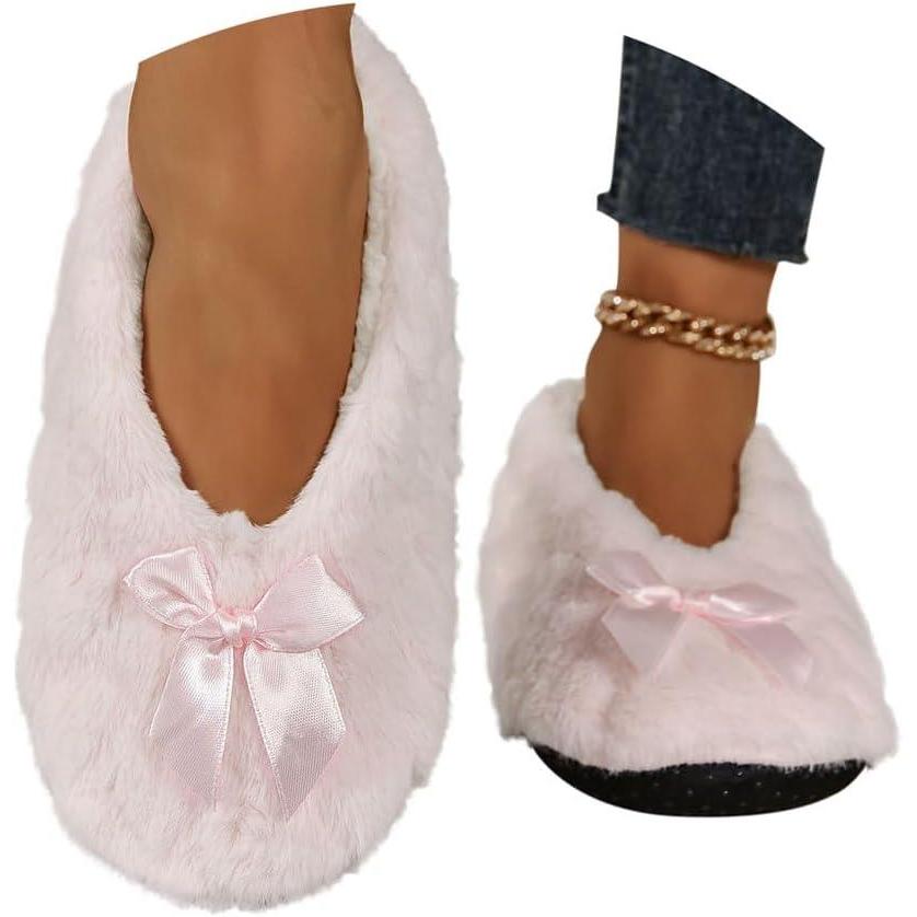 image:imageMinetom Chausson Femme Hiver Fourrure Noeud Papillon Pantoufles Doubl Chaud Maison Ballerines Chaussures PlatesA Rose