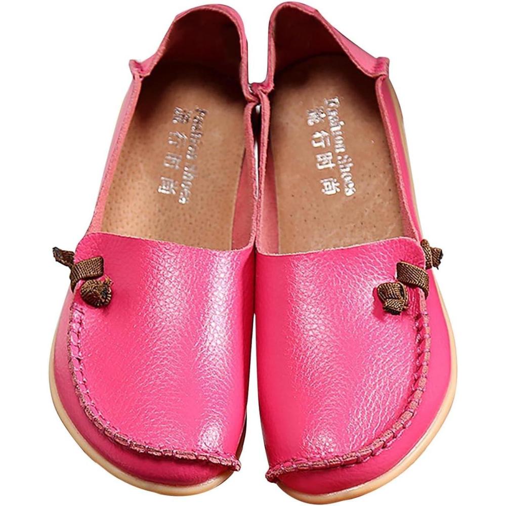 image:imageMocassins en cuir confortables et dcontracts bout rond pour femme Mocassins plats doux et confortables Chaussures plates enfiler Chaussures plates lastiques tige basseRouge Pastque