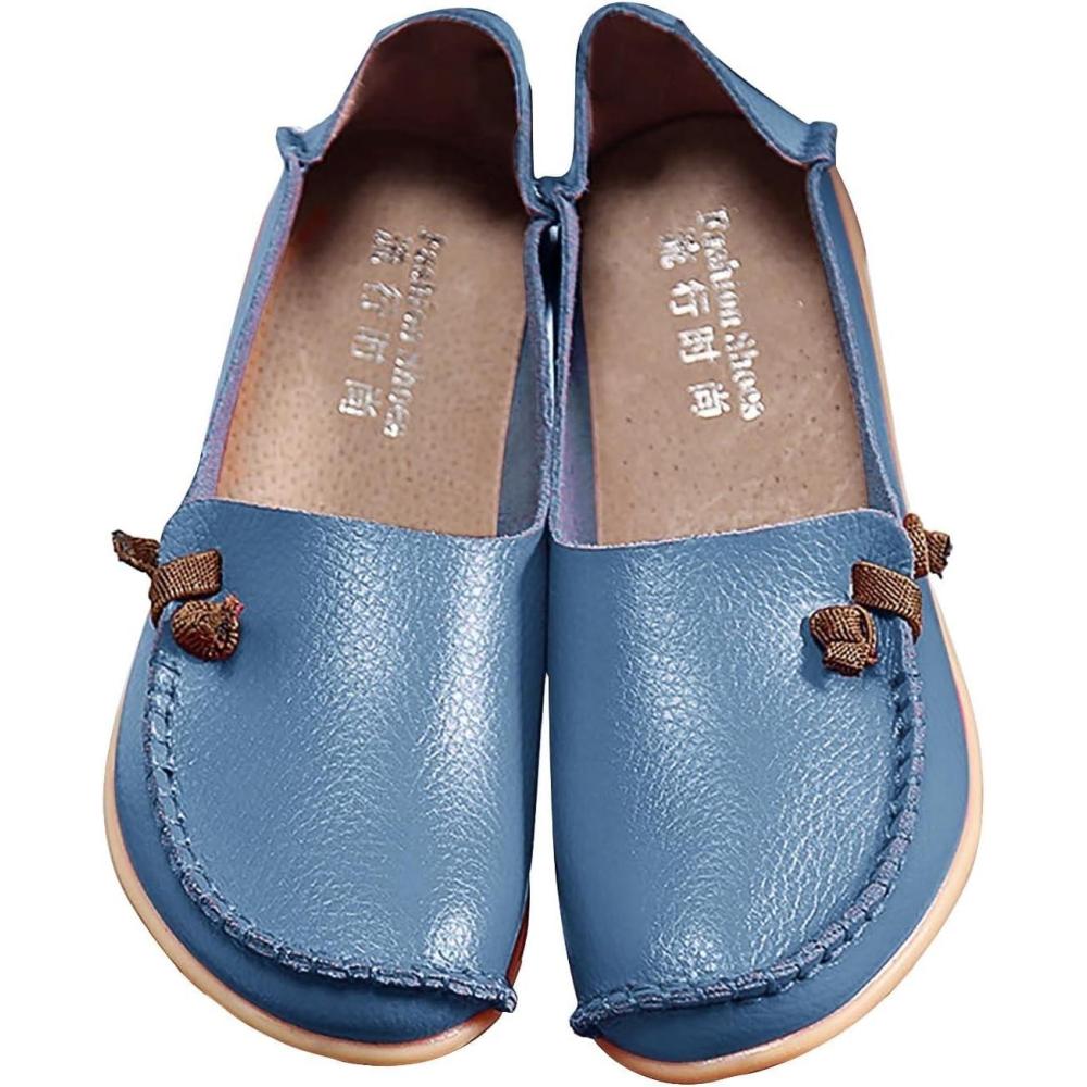 image:imageMocassins en cuir confortables et dcontracts bout rond pour femme Mocassins plats doux et confortables Chaussures plates enfiler Chaussures plates lastiques tige basseBleu Clair