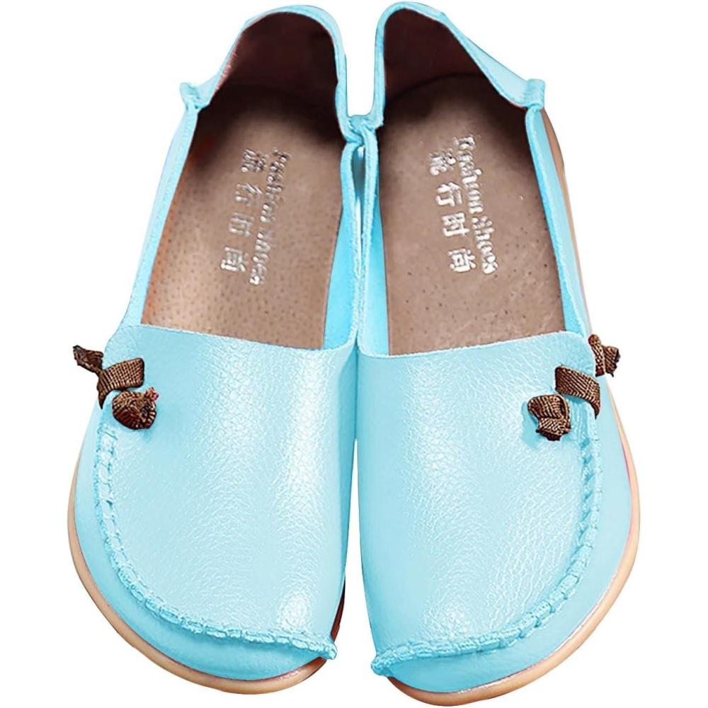 image:imageMocassins en cuir confortables et dcontracts bout rond pour femme Mocassins plats doux et confortables Chaussures plates enfiler Chaussures plates lastiques tige basseBleu Ciel