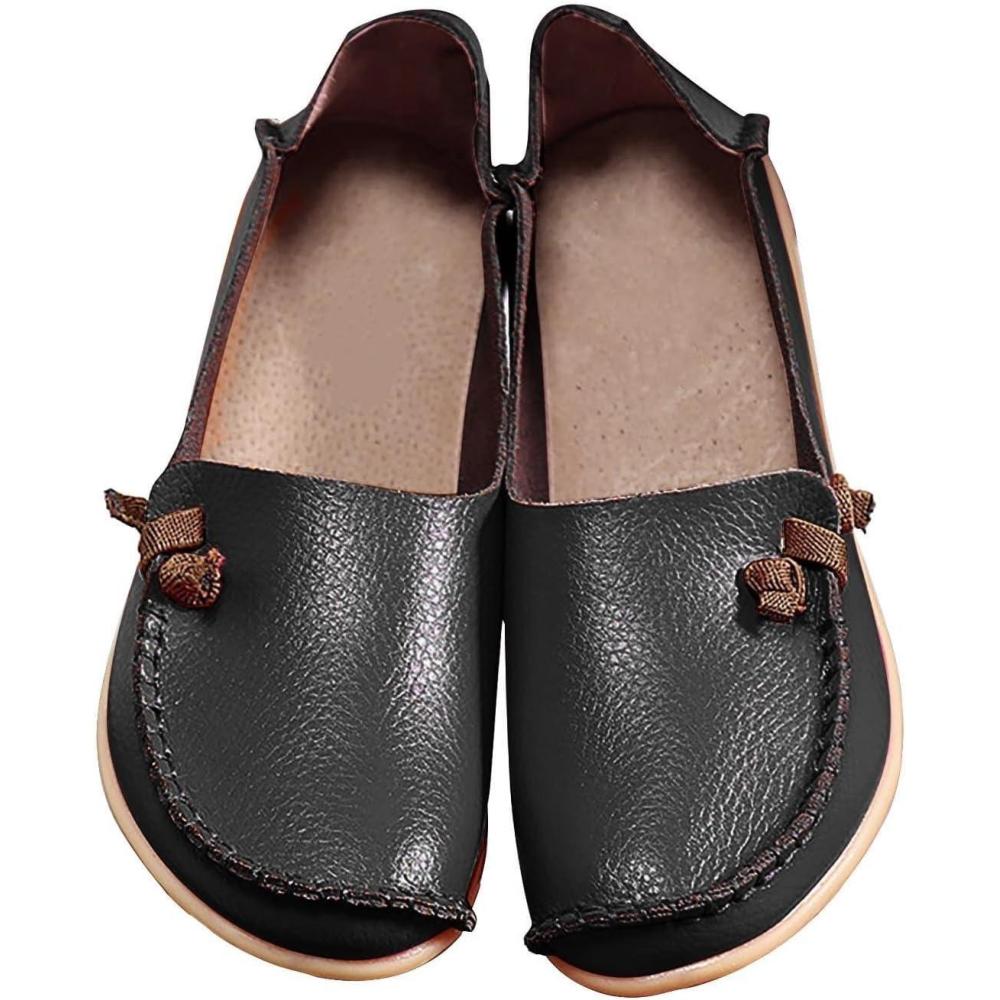 image:imageMocassins en cuir confortables et dcontracts bout rond pour femme Mocassins plats doux et confortables Chaussures plates enfiler Chaussures plates lastiques tige basseNoir