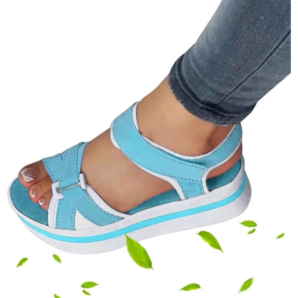 image:imageSandales plates pour femmesSandales de marche dcontractes plateforme pour femmes Sandales de plage rglables semelle paisse et plate pour le shopping le campingBleu Clair2
