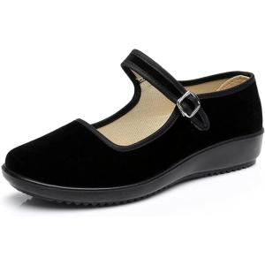 AioTio Velours Chaussures Mary Janes Femme Chaussons Ballerine Femme Chaussure Plate Femme Souples Semelle en Caoutchouc Antidérapant Chaussure Chinoise Femme avec Doublure en Coton Confortable(Noir)