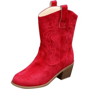 Bottes de cowboy pour femme – Bottines mi-mollet à enfiler – Talon épais – Large – Bottes de cowgirl occidentales à enfiler – Chaussures d&rsquo;hiver à talon bloc – Bottes d&rsquo;équitation pour femme(Rouge 3)