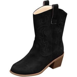 Bottes de cowboy pour femme – Bottines mi-mollet à enfiler – Talon épais – Large – Bottes de cowgirl occidentales à enfiler – Chaussures d&rsquo;hiver à talon bloc – Bottes d&rsquo;équitation pour femme(Noir 2)
