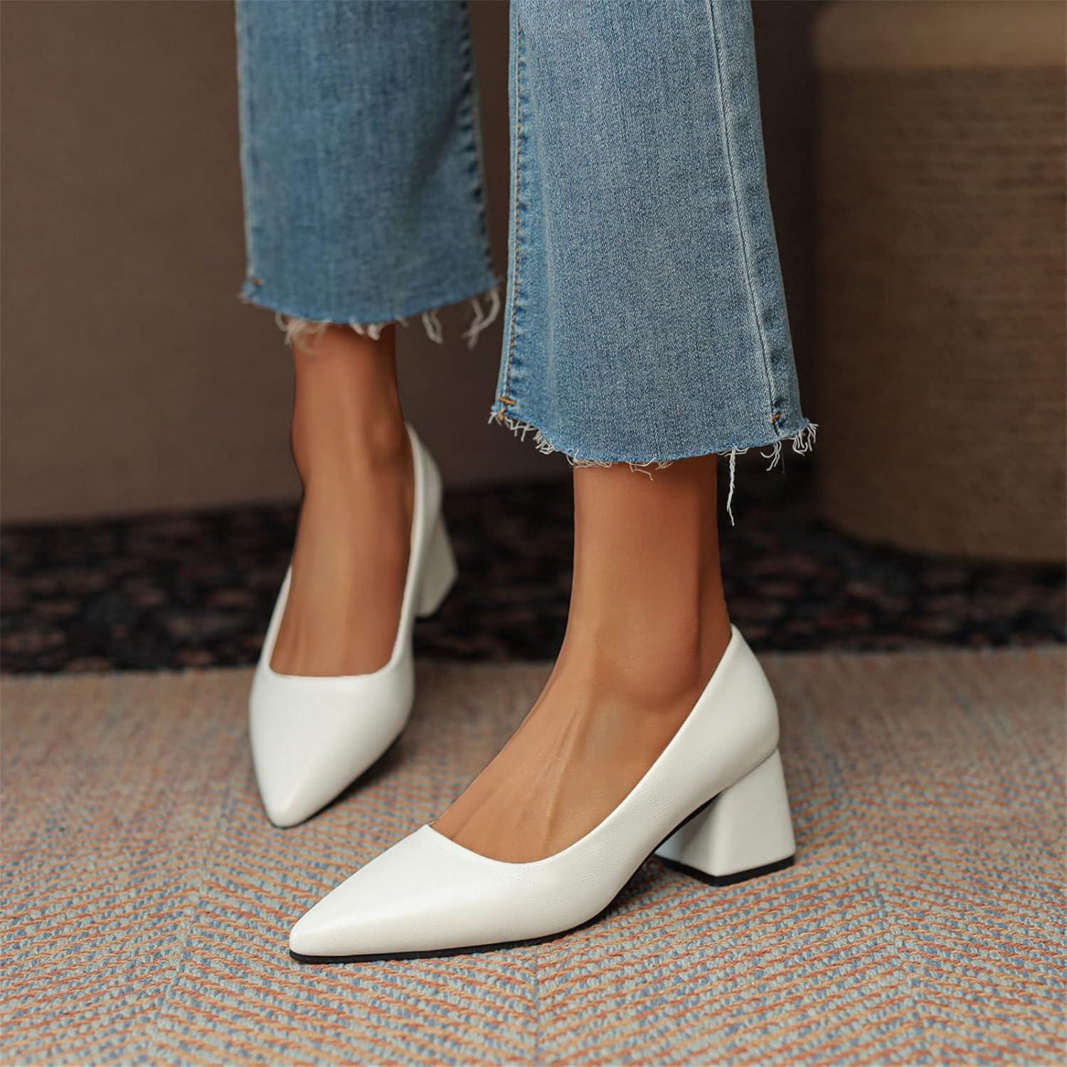 image:image2026 Escarpins en cuir de couleur unie Bout pointu Chaussures de loisirs talons hauts paisBlanc