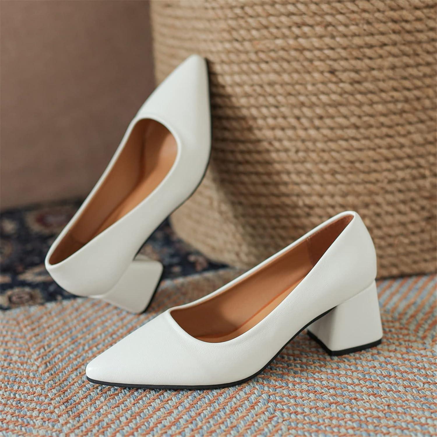 image:image2026 Escarpins en cuir de couleur unie Bout pointu Chaussures de loisirs talons hauts paisBlanc