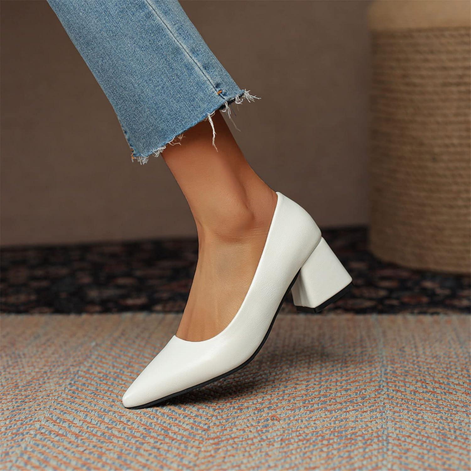 image:image2026 Escarpins en cuir de couleur unie Bout pointu Chaussures de loisirs talons hauts paisBlanc