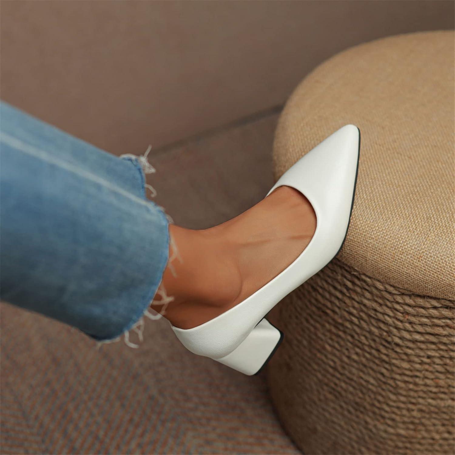 image:image2026 Escarpins en cuir de couleur unie Bout pointu Chaussures de loisirs talons hauts paisBlanc
