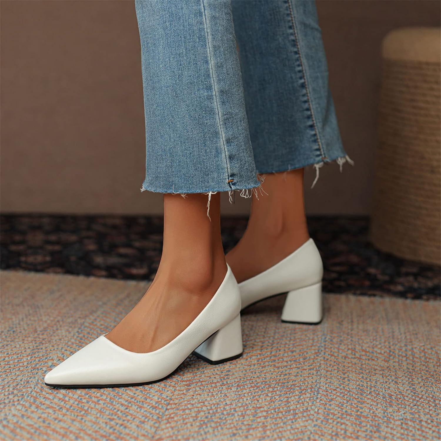 image:image2026 Escarpins en cuir de couleur unie Bout pointu Chaussures de loisirs talons hauts paisBlanc