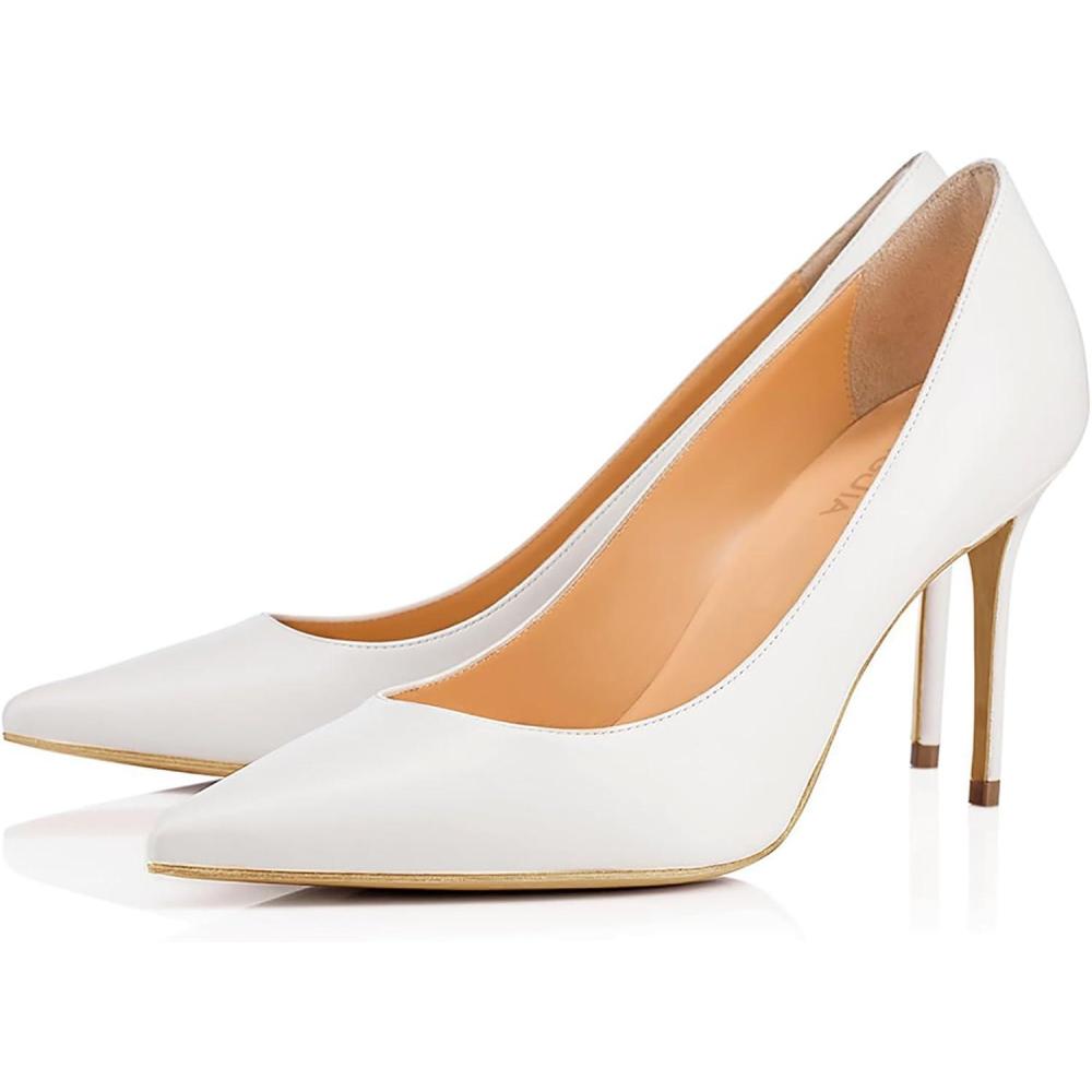 image:imageEscarpins Talons Hauts et Bout Pointu ferms pour Femmes Chaussures Talons Aiguilles Classiques de Couleur Unie Chaussures de Mariage Confortables EnfilerWhite Blanc