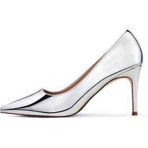 Zhabtuc Escarpins Stiletto en Cuir Verni, Bout Pointu, Talon 8 cm pour Mariage & Bal(Argent)